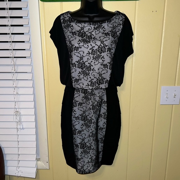 Melrose Black & White Tiered Floral Lace Evening Mini Stretch Dress Size 6 - Picture 2 of 10